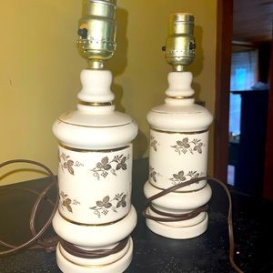 1970s Vintage Hollywood Regency White Satin Glass Table Lamps Gold Leaves